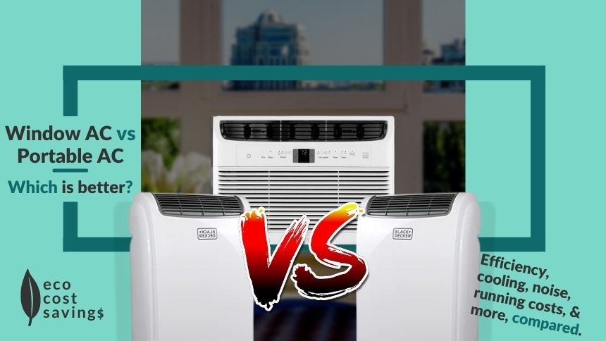 Window AC vs Portable AC image containing a window air conditioner and two portable air conditioners