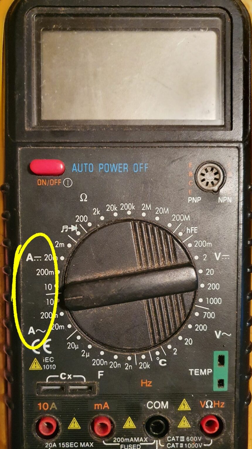 Multimeter Amp Settings image containing a multimeter that has separate AC and DC amp test settings