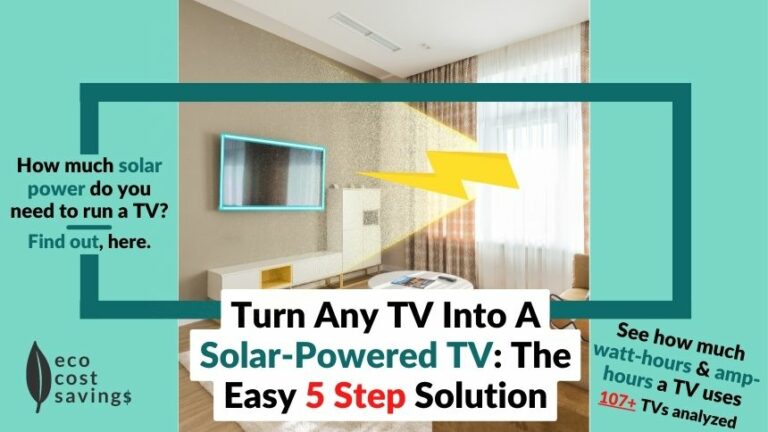 Solar Powered TV image of a room with sunlight shining on a TV, along with text that reads "Turn any TV Into A Solar-Powered TV."