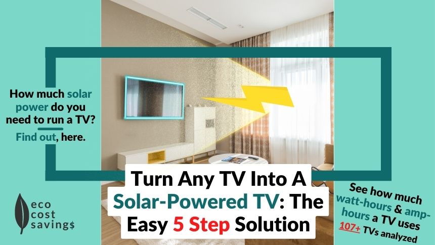 

Solar Powered TV image of a room with sunlight shining on a TV, along with text that reads "Turn any TV Into A Solar-Powered TV."