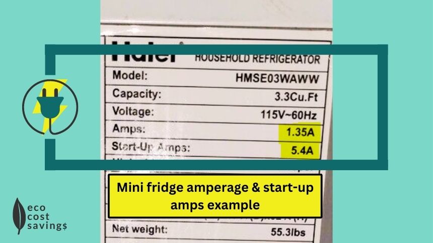 Mini Fridge Amperage and Start-Up Amps image containing the specs of an example mini fridge, with the listed amperage figure (i.e. 1.35A) and the start-up amps figure (i.e. 5.4A) highlighted.